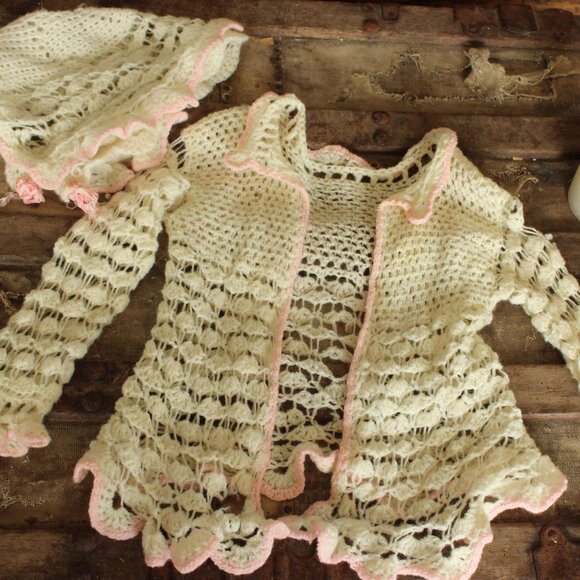 Vintage 1950s Baby Sweater and Bonnet, Ivory and Pink Knit Or Crochet Cardigan - Picture 1 of 10